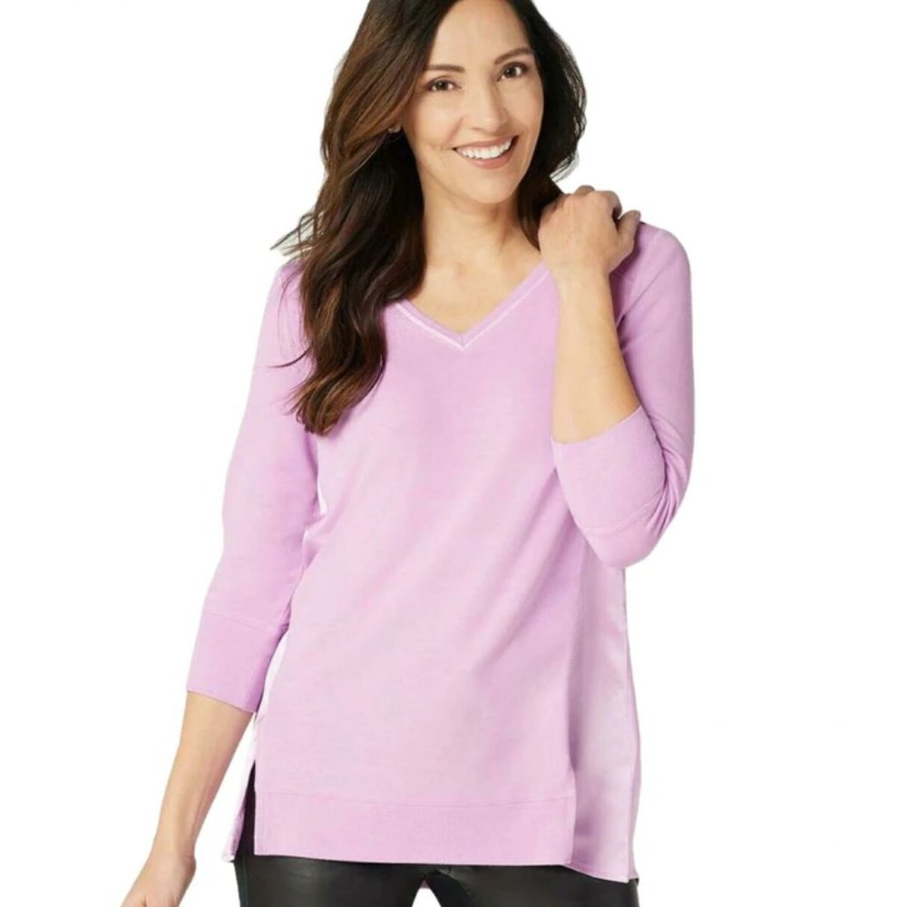 H by Halston Women's V-Neck Mixed Media French Terry Tunic